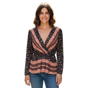 White Birch Women’s Floral Wrap Peplum Blouse Size M | Long Sleeve Boho Chic Top